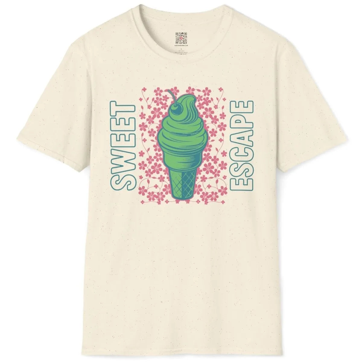 Natural t-shirt flatlay featuring green ice cream with cherry blossoms and teal SWEET ESCAPE text, cherry blossom theme.