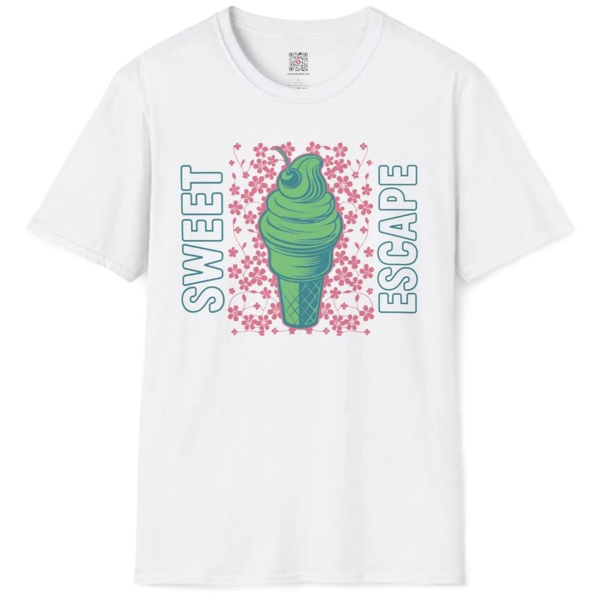 White t-shirt flatlay with green ice cream cone, cherry blossom background, and teal text, kawaii clothes.