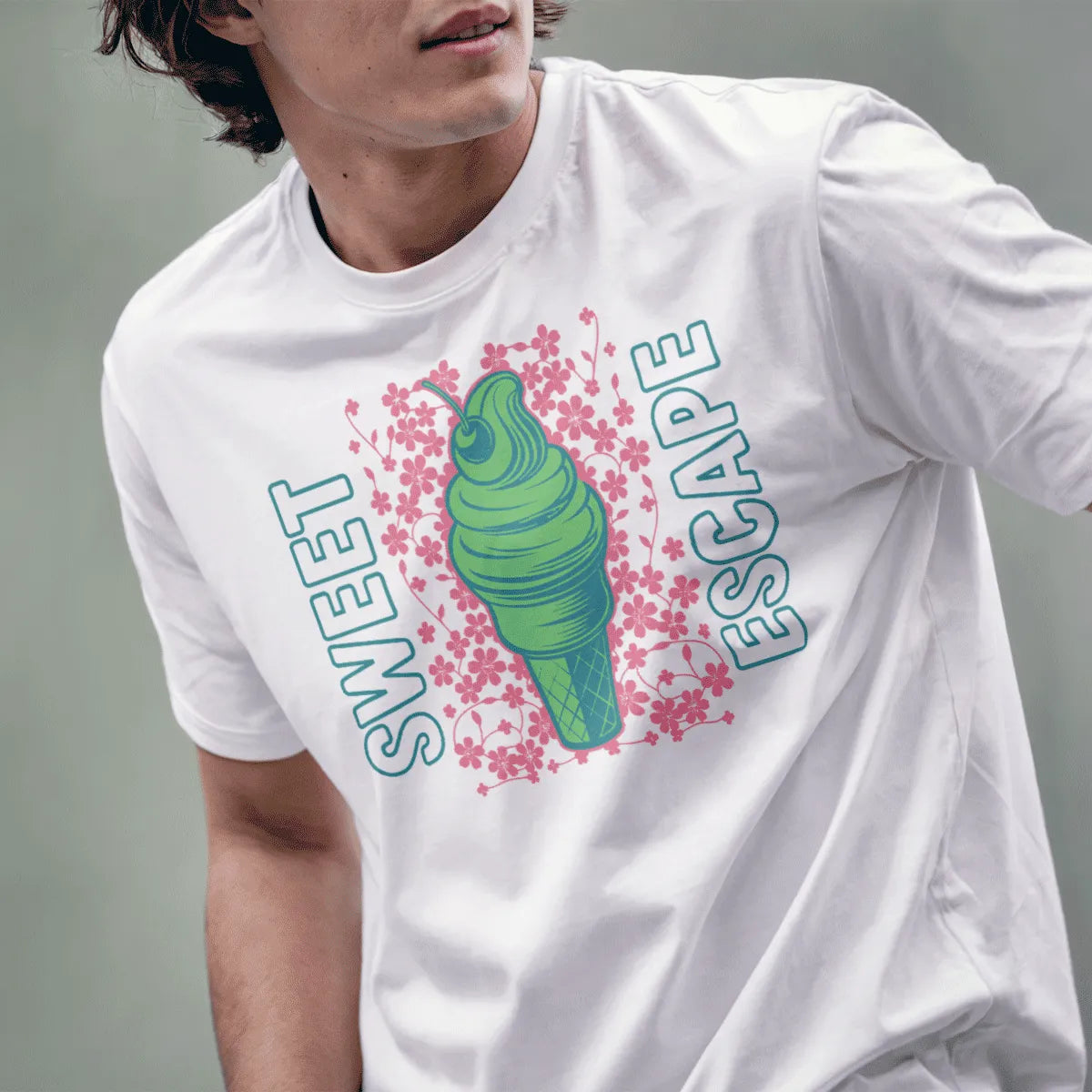 Male model in white shirt with green ice cream and cherry blossom design, japanese t-shirts, sweetest escape.