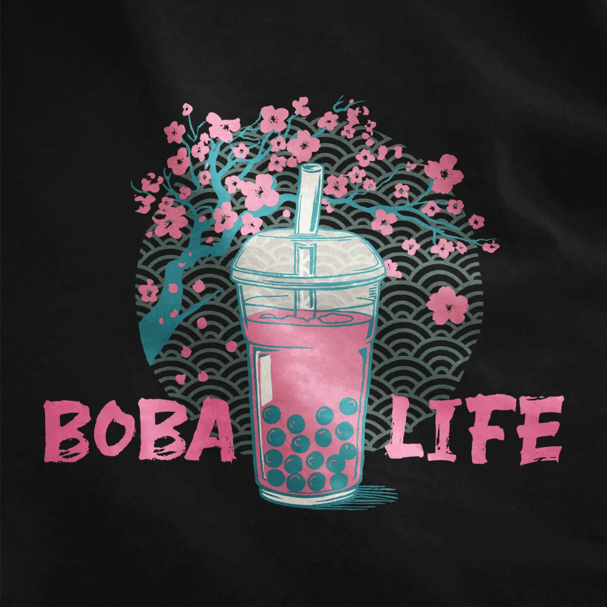 Closeup of boba tea cup with cherry blossom art and wave background on black shirt, japanese t-shirts, cultural symbols.