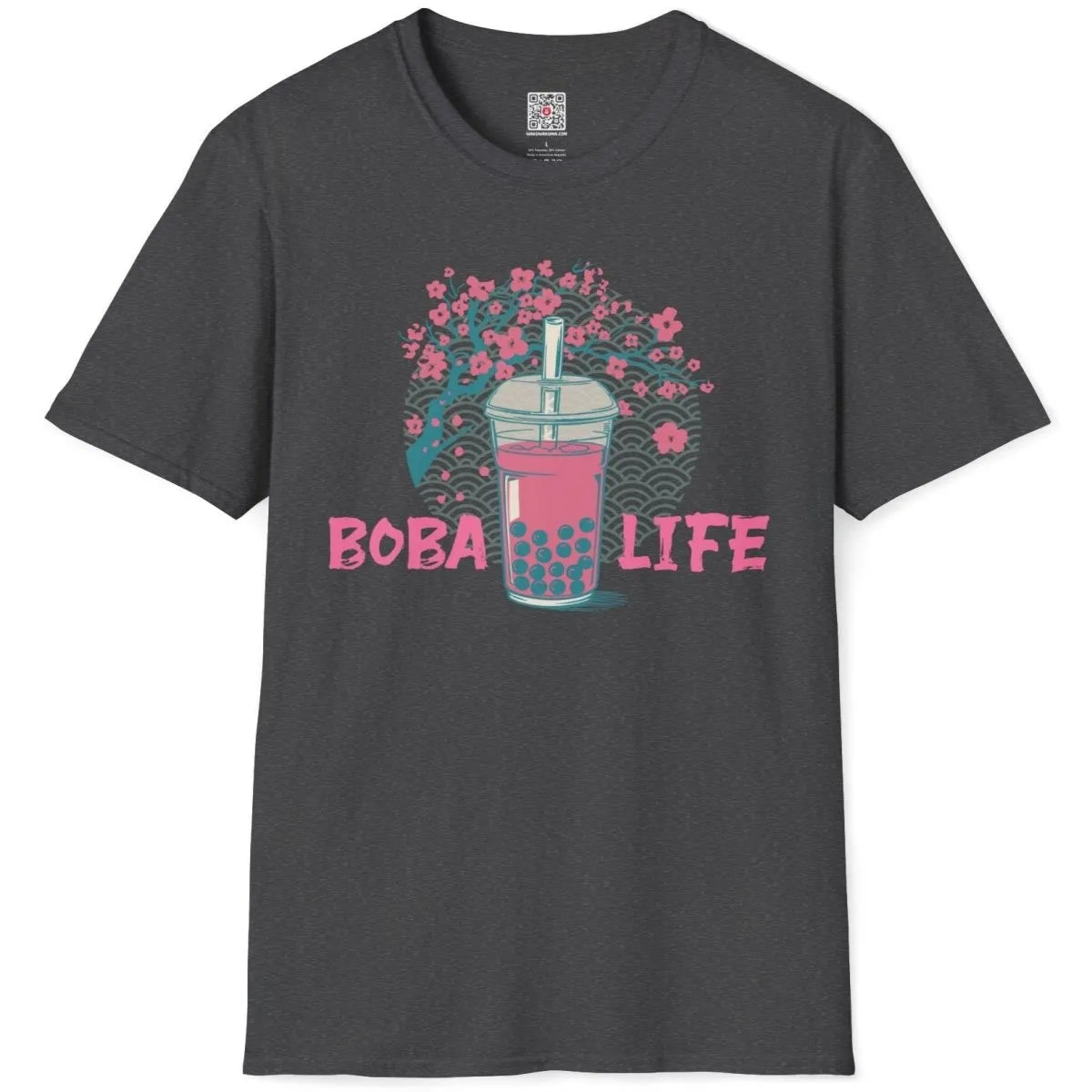 Dark heather t-shirt flatlay with boba tea, cherry blossoms, and wave pattern, japanese t-shirts, wave background.