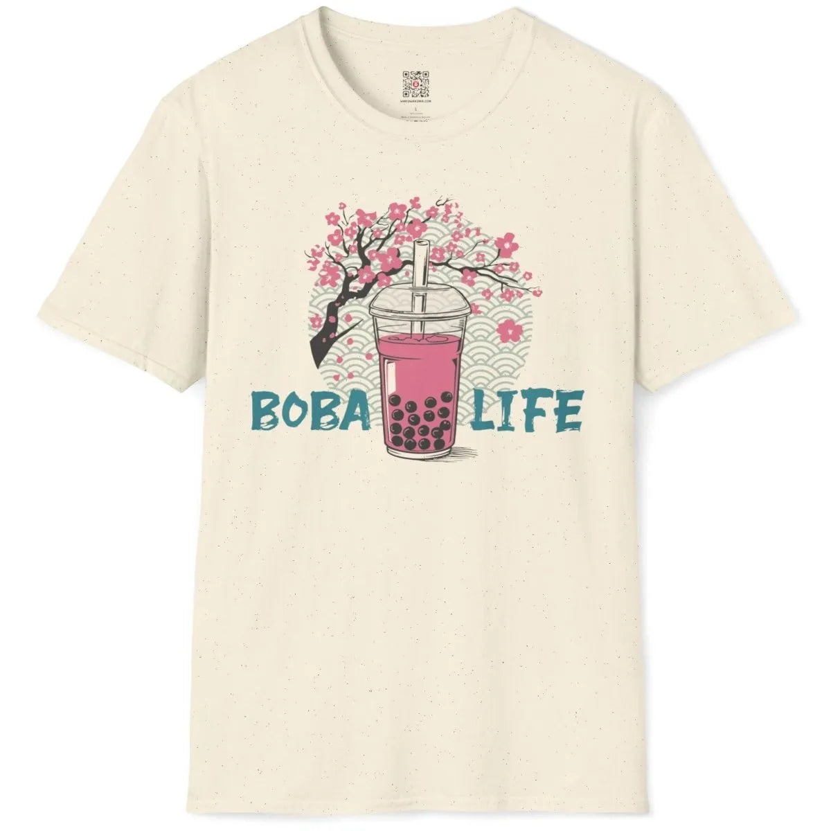 Natural t-shirt flatlay with boba tea, cherry blossoms, and BOBA LIFE text, japanese t-shirts, traditional japanese art.