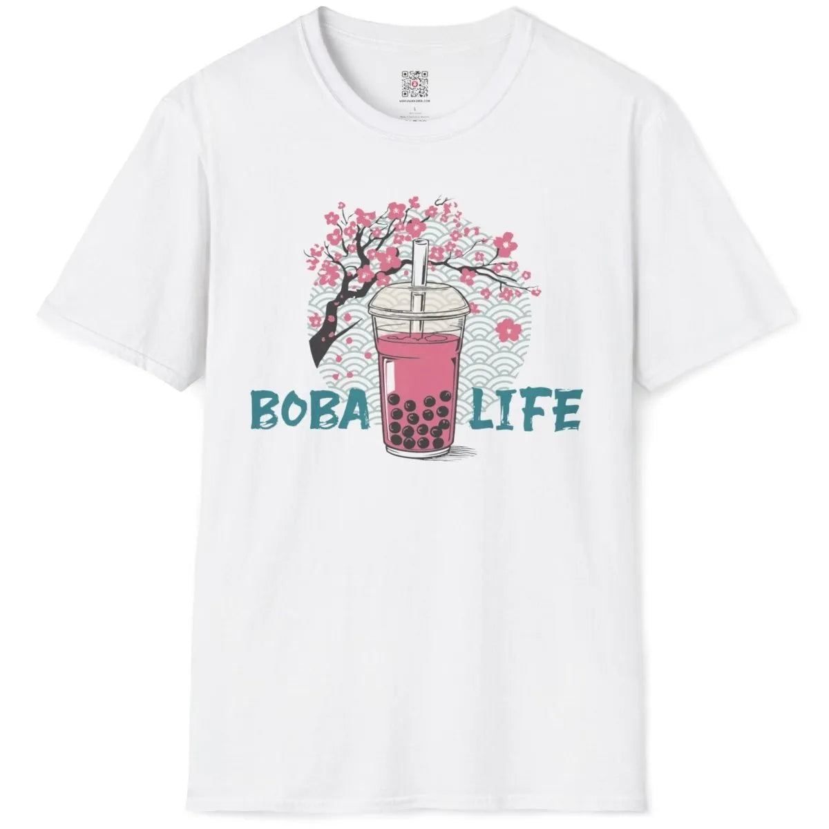 White t-shirt flatlay with boba tea, cherry blossoms, and teal BOBA LIFE text, japanese t-shirts, fusion cuisine.