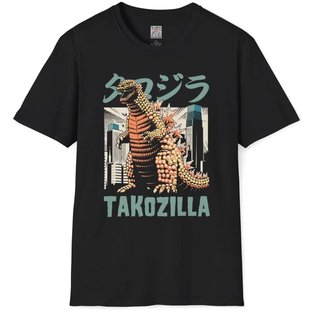 Black t-shirt flatlay with Takozilla, takoyaki balls, and bold TAKOZILLA text, godzilla shirt, dragon art.
