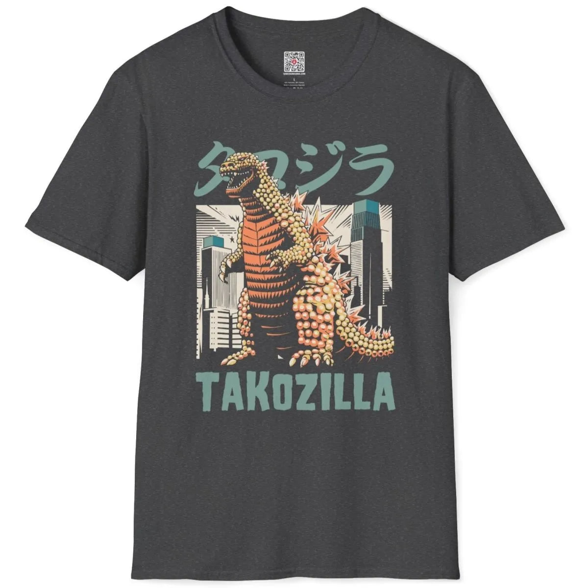 Dark heather t-shirt flatlay with Takozilla, takoyaki balls, and cityscape, junk food shirt, monster sushi.