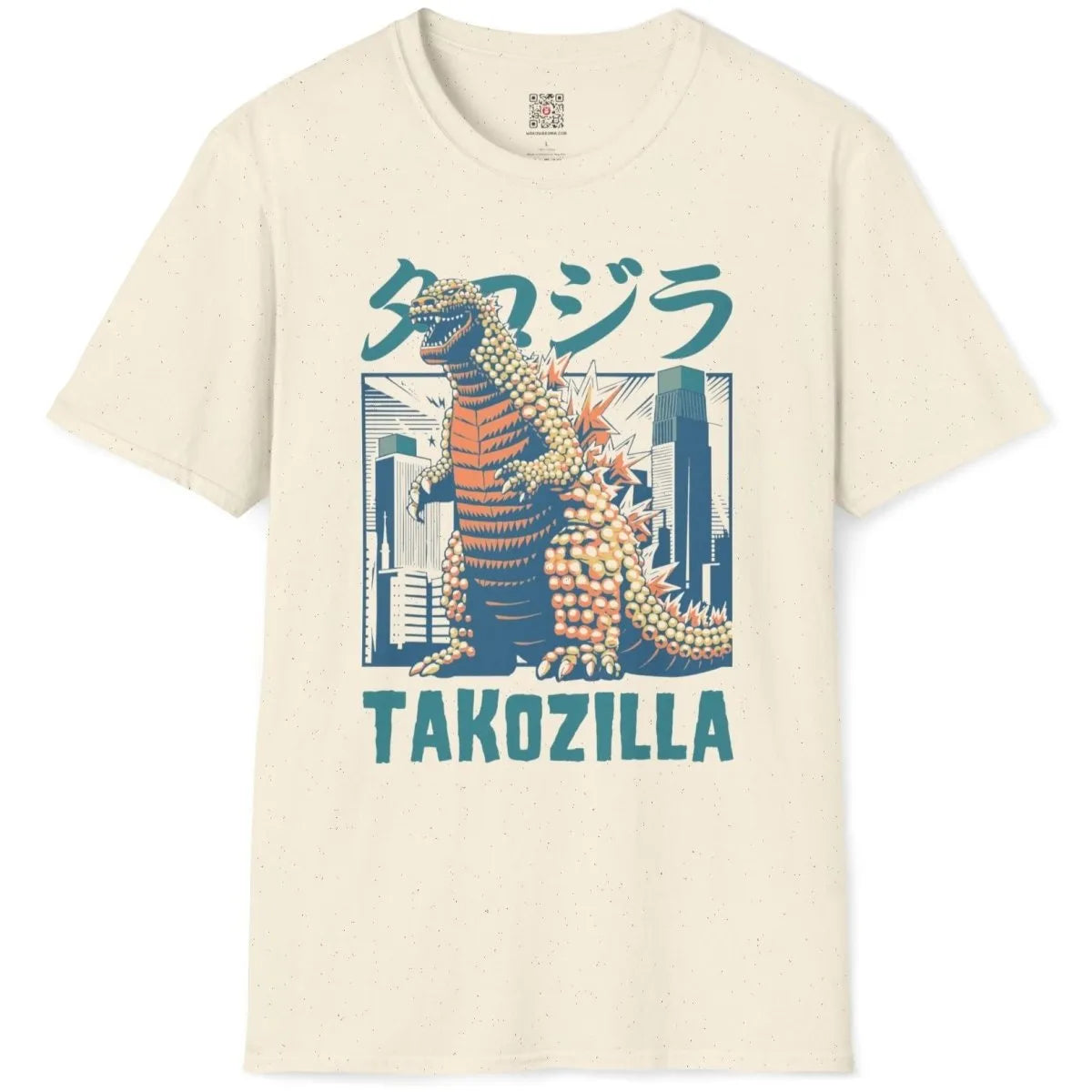 Natural t-shirt flatlay with orange Takozilla, takoyaki, and Japanese text, japanese t-shirts, kaiju art.