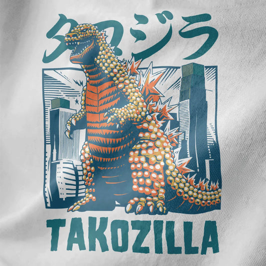 Closeup of orange Takozilla with takoyaki balls on white shirt, japanese t-shirts, godzilla shirt.