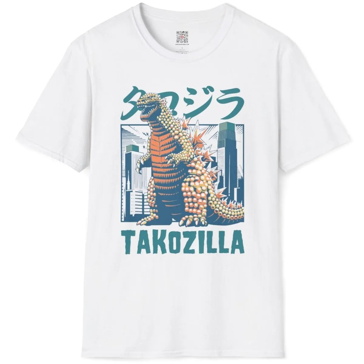 White t-shirt flatlay with orange Takozilla, takoyaki, and cityscape, japanese t-shirts, godzilla t shirt.