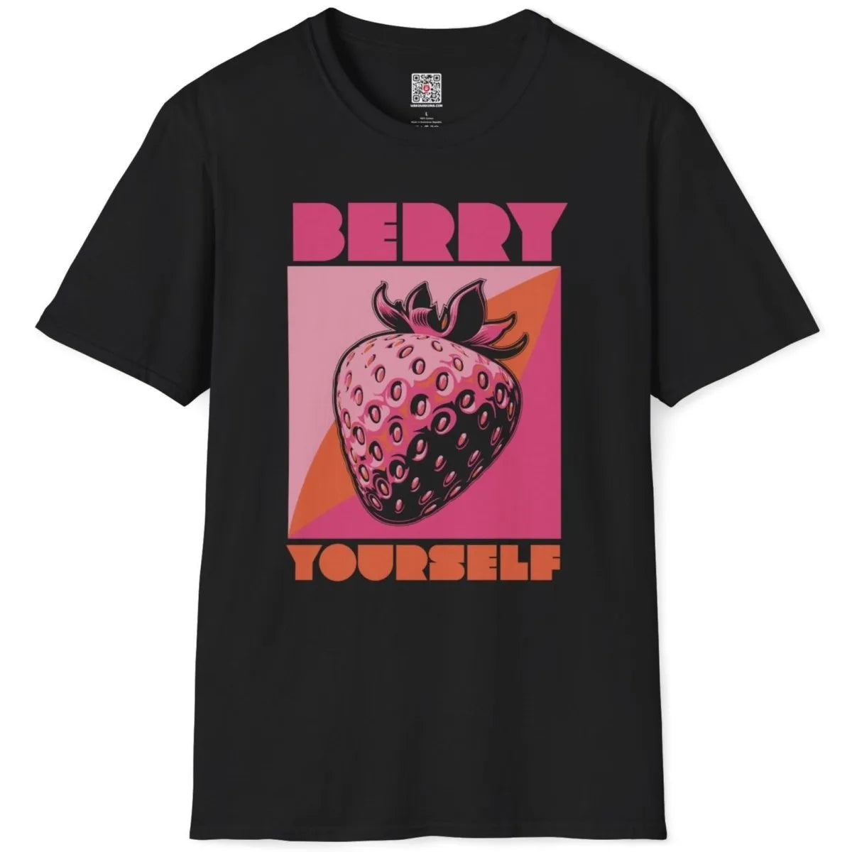 Black flatlay t-shirt with eye-catching pop art strawberry, motivational quote, pop art outfits.