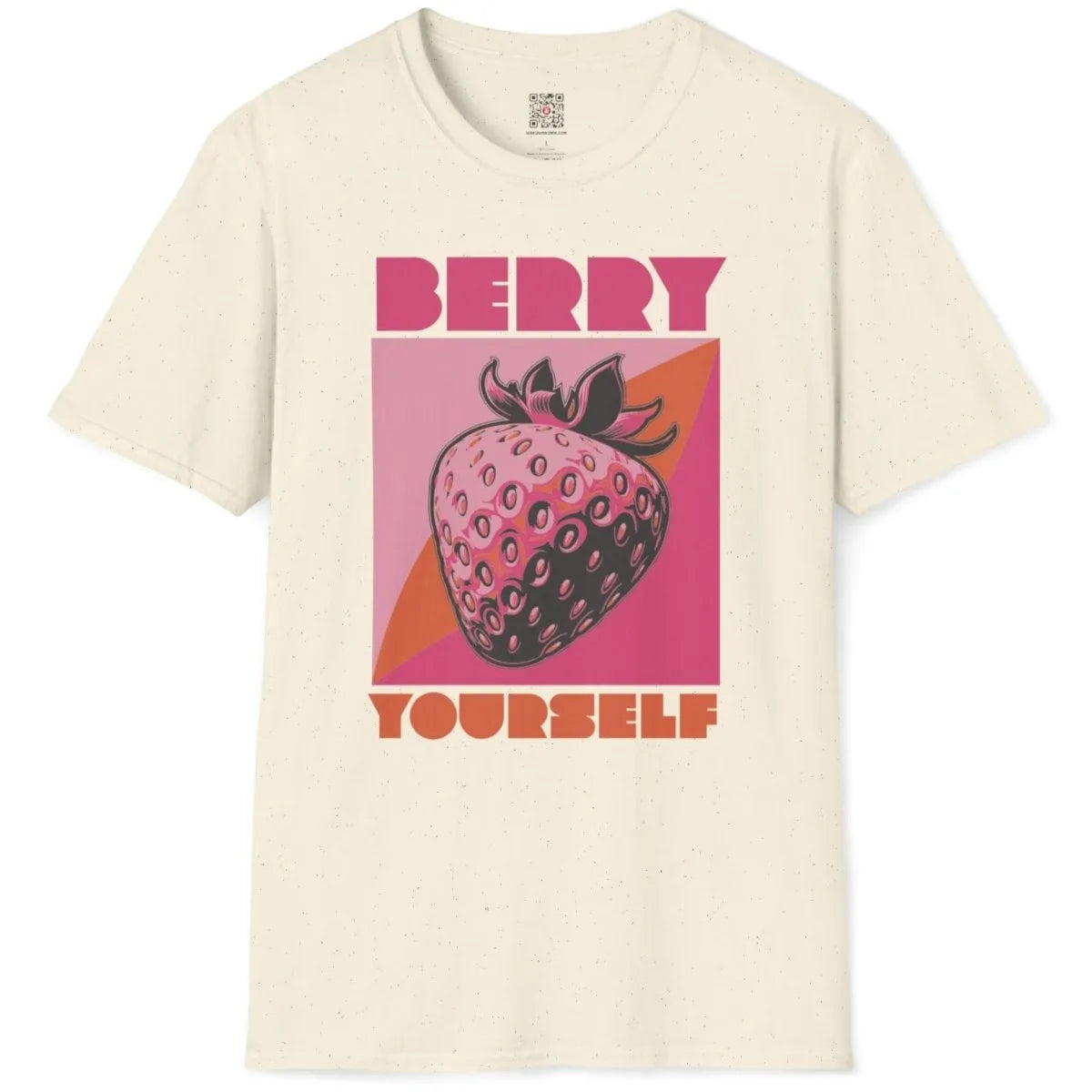 Natural flatlay t-shirt with fun, empowering strawberry pop art, aesthetic clothes style, positive messaging.