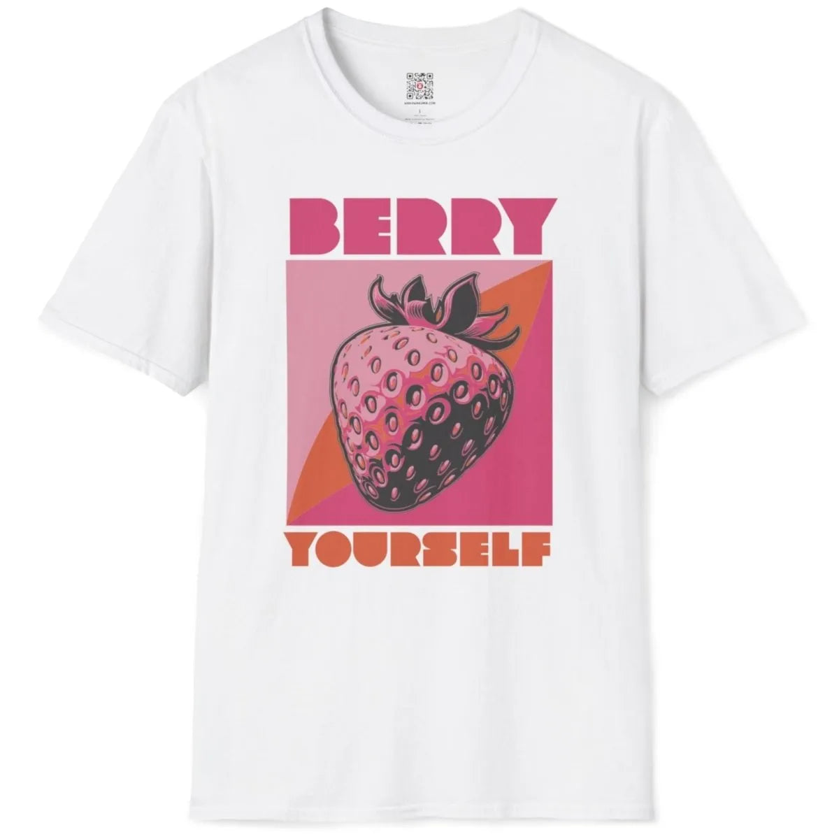 White flatlay t-shirt with stylized strawberry and empowering text, japanese t-shirts, vibrant style.