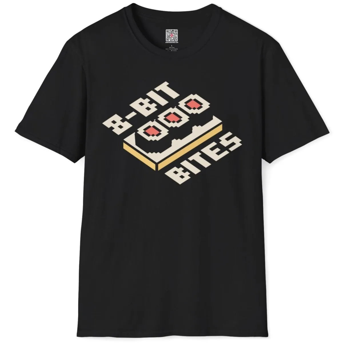 Black flatlay t-shirt with 8-bit sushi rolls and pixel font, sushi art, retro japan shirt.