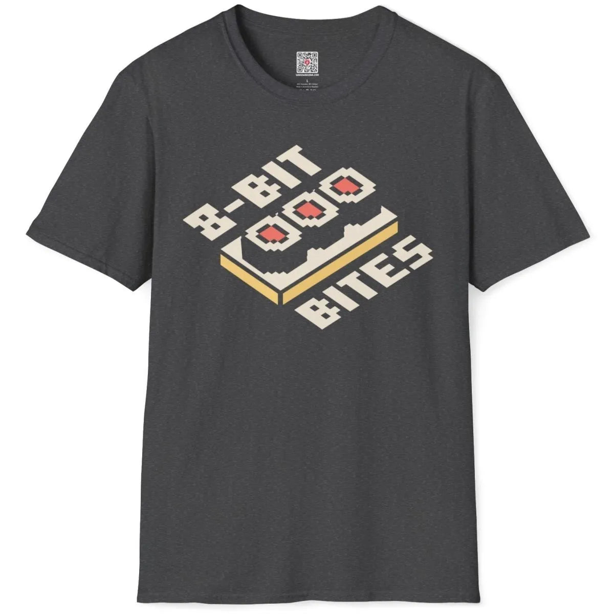 Dark heather flatlay t-shirt featuring pixel sushi rolls, vintage gaming shirts, sushi shirt.
