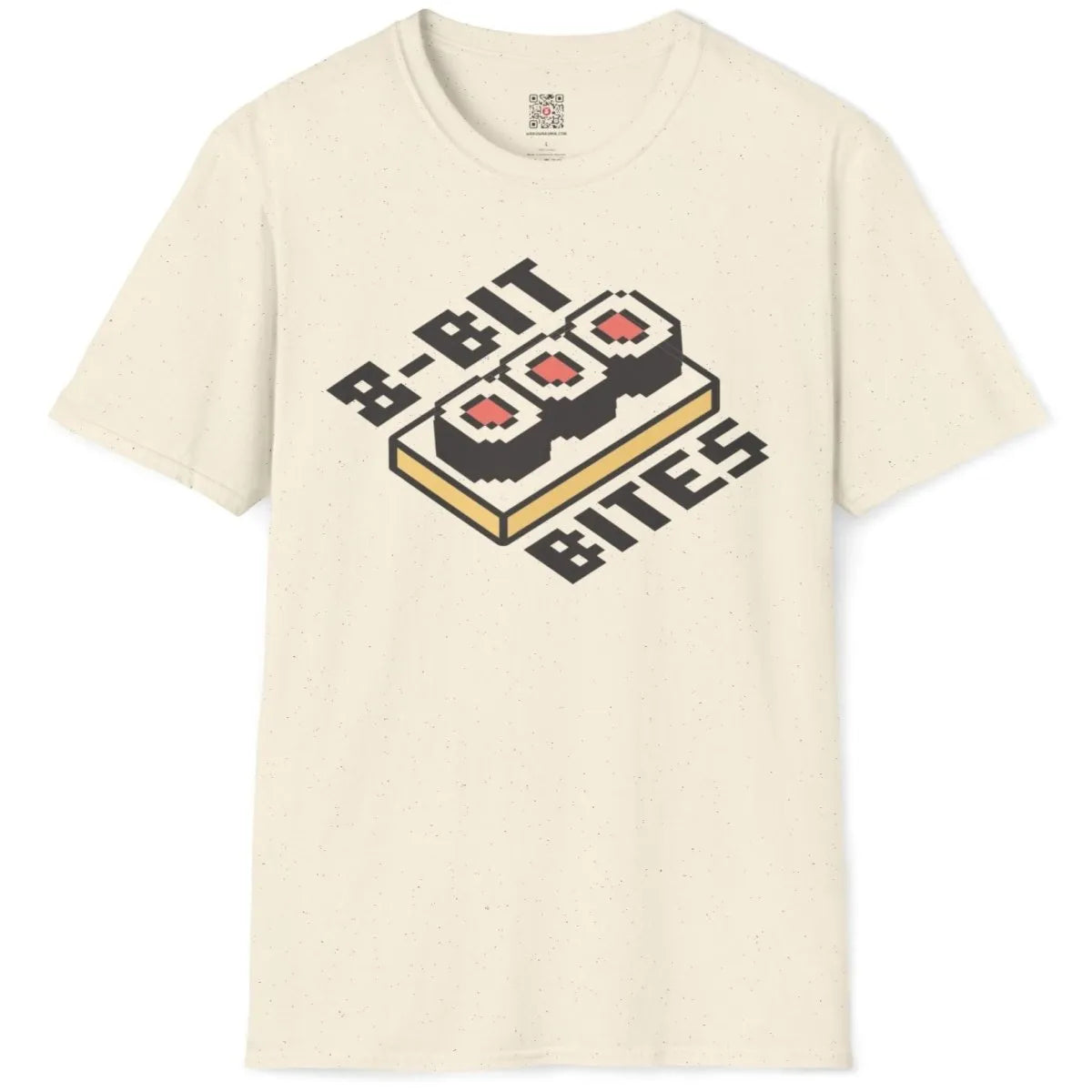 Natural flatlay t-shirt with playful 8-bit sushi design, sushi art, retro design.