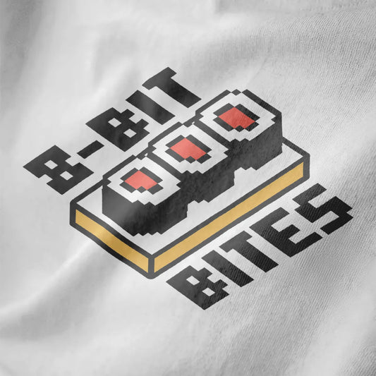 Three pixelated sushi rolls on a white closeup, 8-bit aesthetic, sushi shirt, japanese t-shirts.