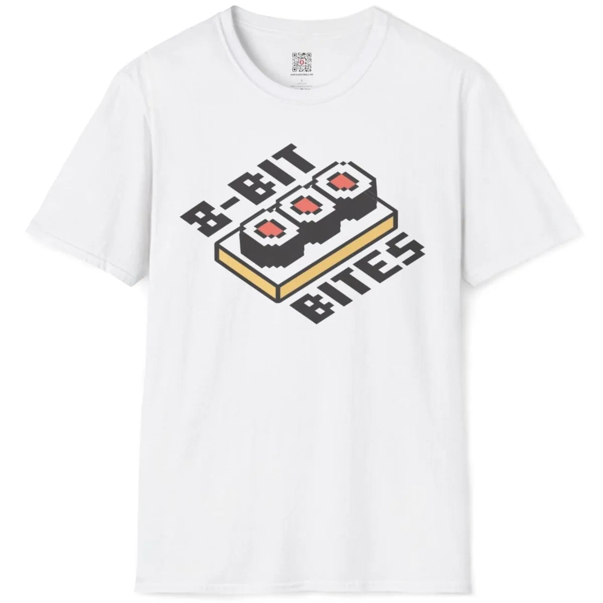 White flatlay t-shirt with pixelated sushi and bold retro text, vintage anime t-shirts, sushi t-shirt.