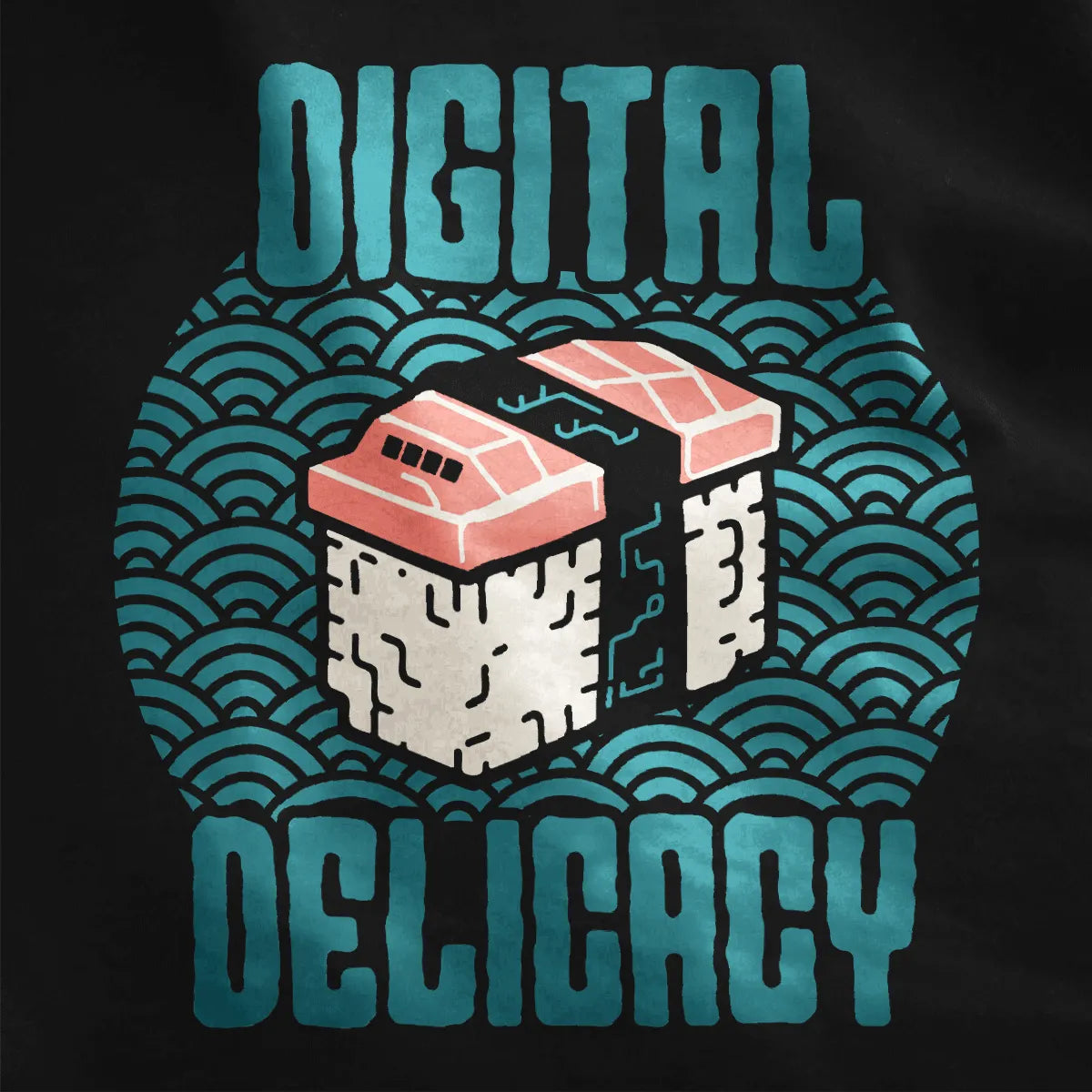 Pixelated sushi with circuit board pattern on black closeup, cyberpunk shirt, cultural hybrid.