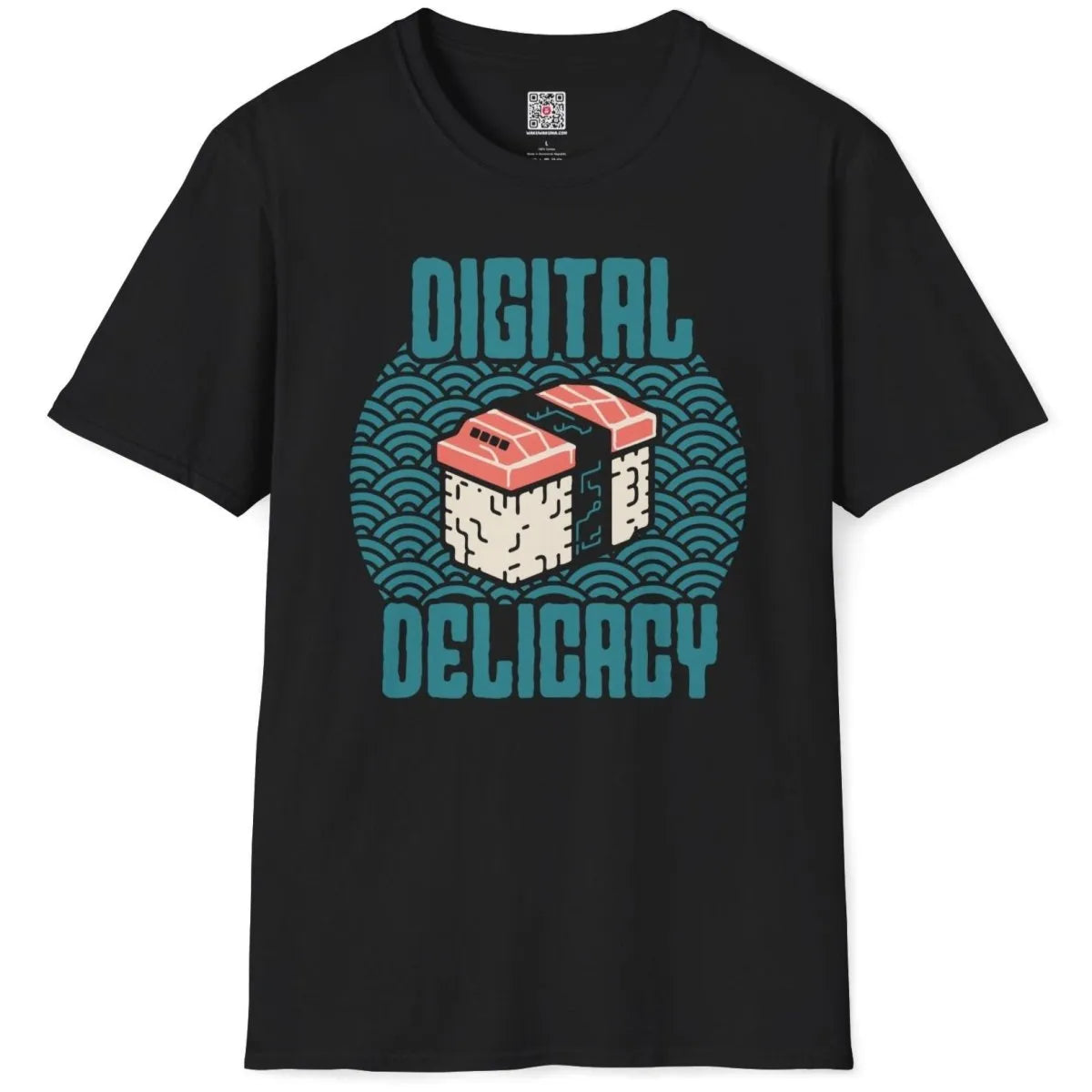 Black flatlay t-shirt with futuristic sushi and "DIGITAL DELICACY" text, cultural blend, cyberpunk t shirt.