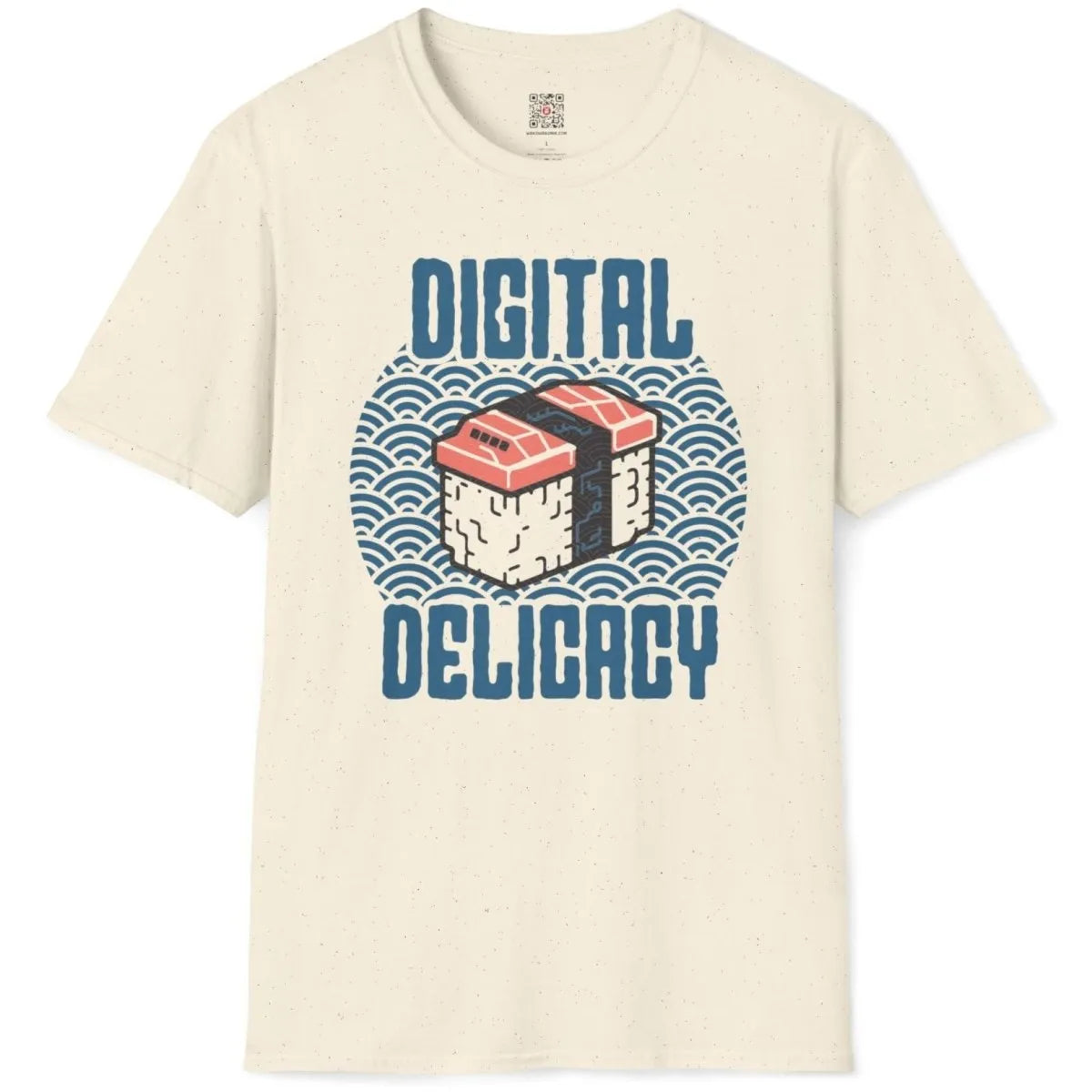 Natural flatlay t-shirt with digital sushi and wave pattern, cultural fusion, tech shirt.