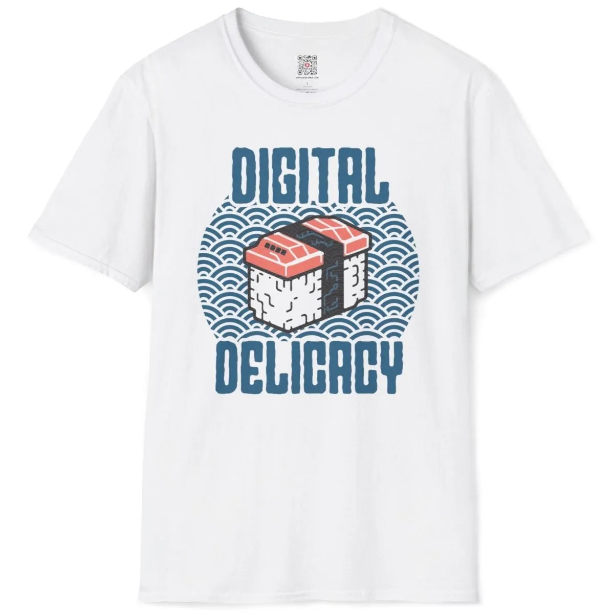 White flatlay t-shirt with pixel sushi and digital details, sushi art, modern sushi.