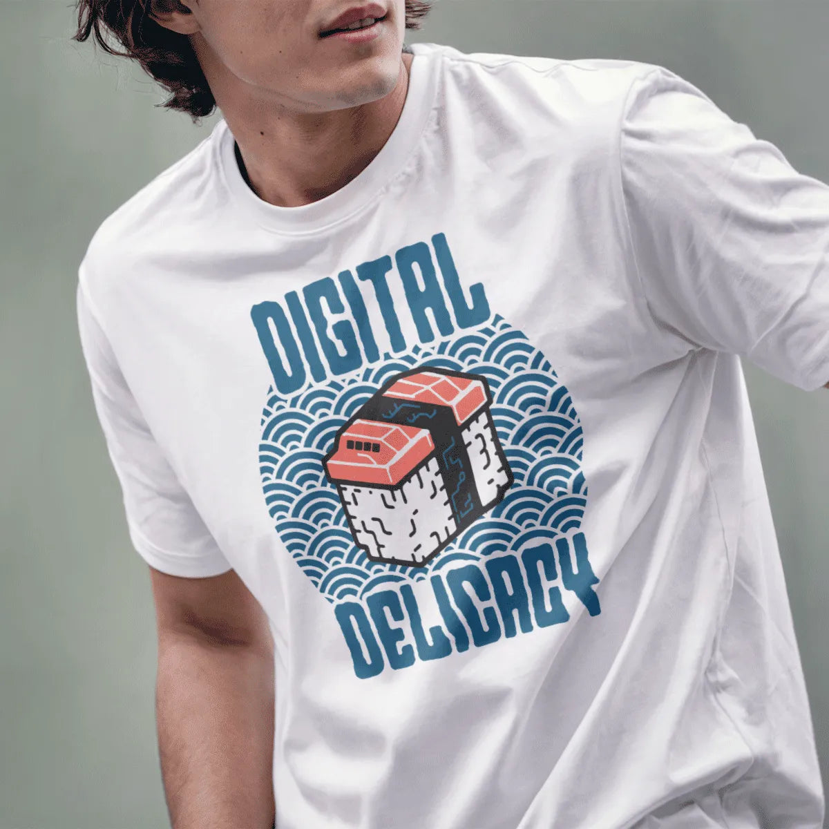 Male model in white t-shirt with digital sushi and blue wave background, modern fusion, sushi shirt.
