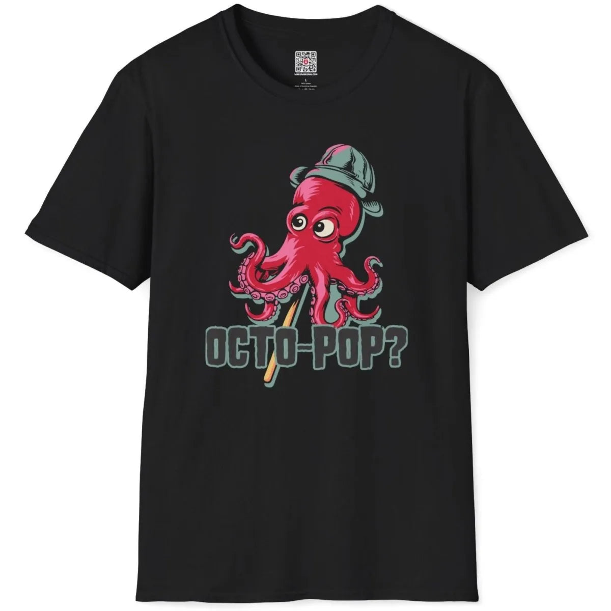 Flatlay of black t-shirt with playful red octopus in gray hat, octopus t shirt, vibrant style.