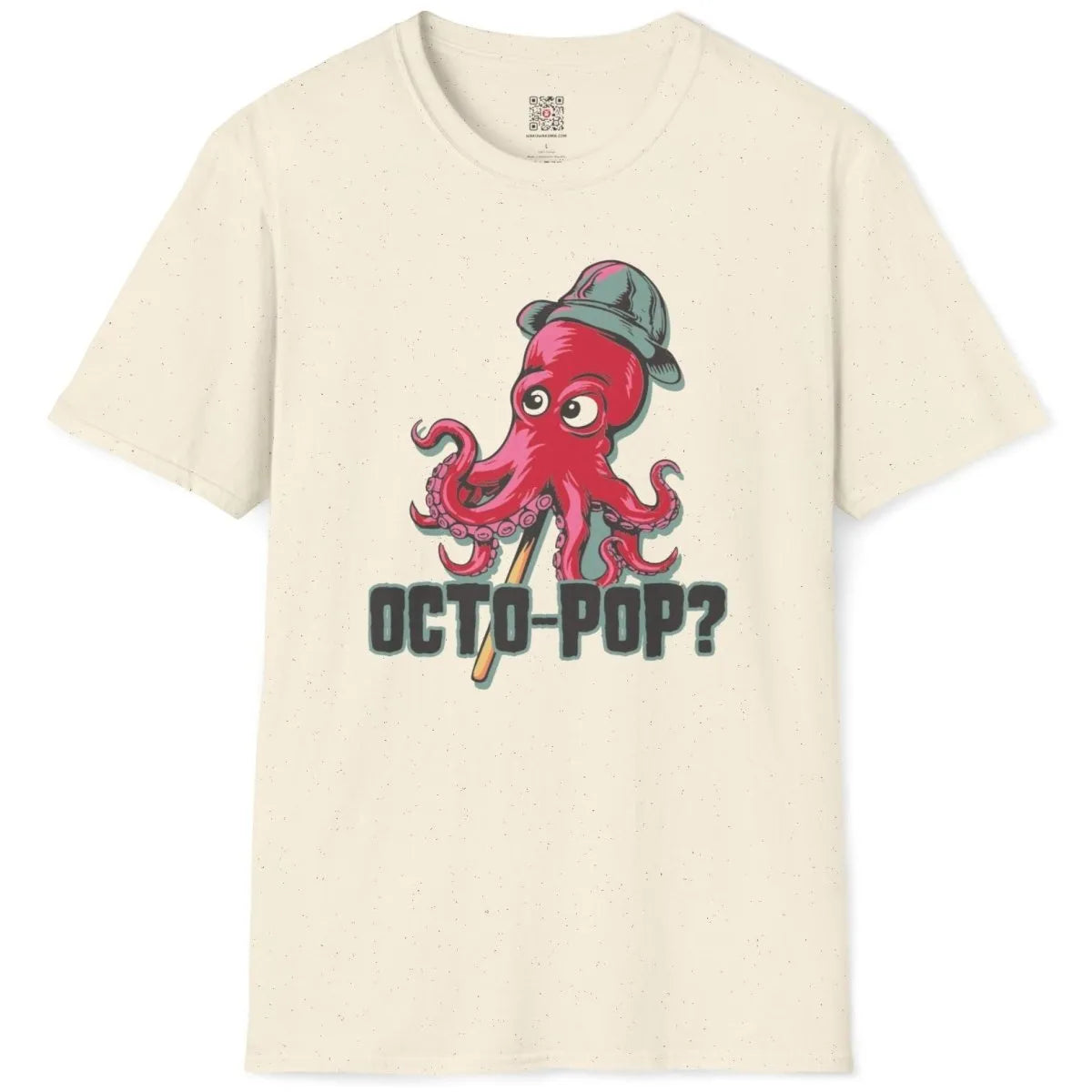 Flatlay of natural shirt with quirky red octopus in gray hat, octopus shirt, whimsical illustration.