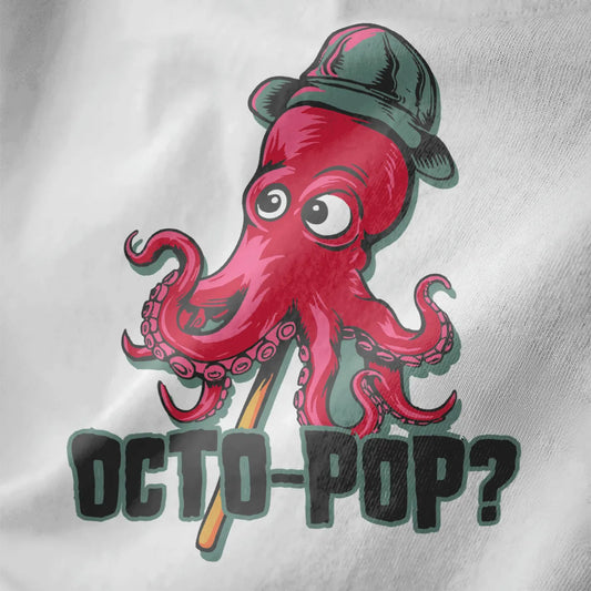Flatlay of white t-shirt with cartoon red octopus, curled tentacles, and bold "OCTO-POP?" text.