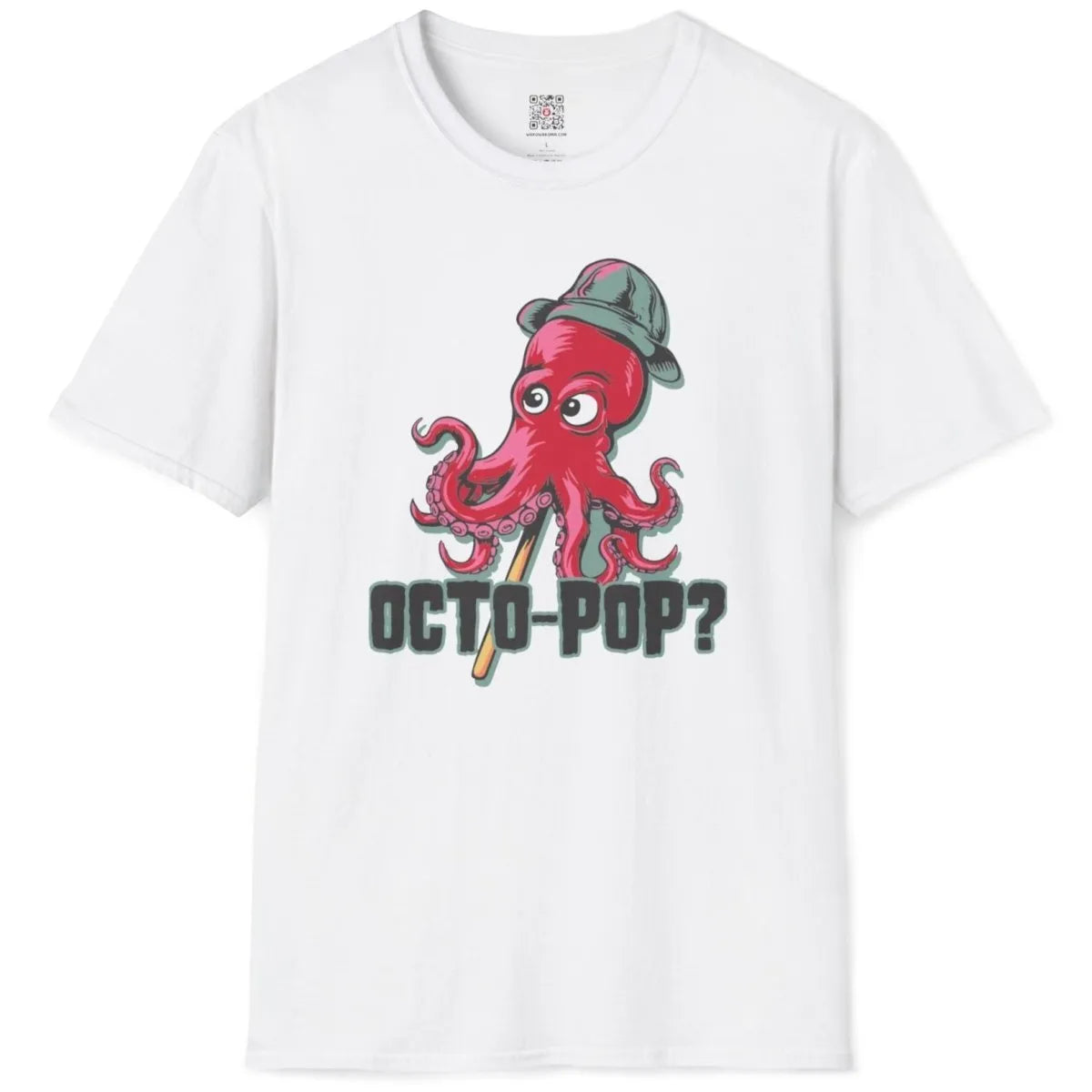 Flatlay of white t-shirt with cartoon red octopus, curled tentacles, and bold "OCTO-POP?" text.