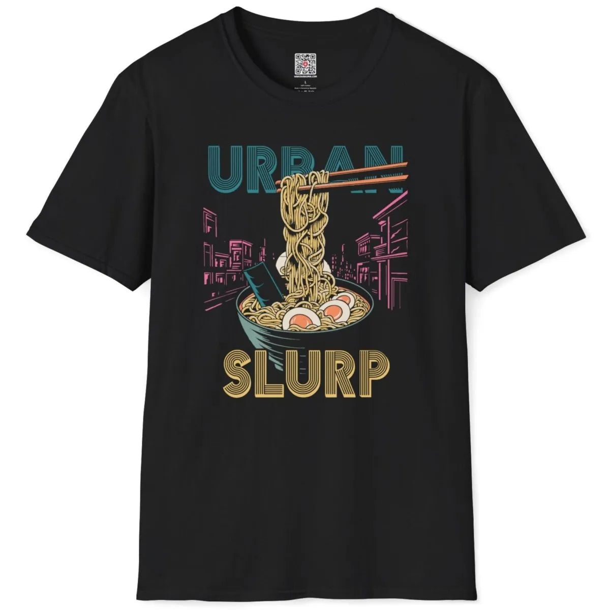 Flatlay of black t-shirt with bold ramen bowl, poached eggs, and cityscape, junk food shirt.