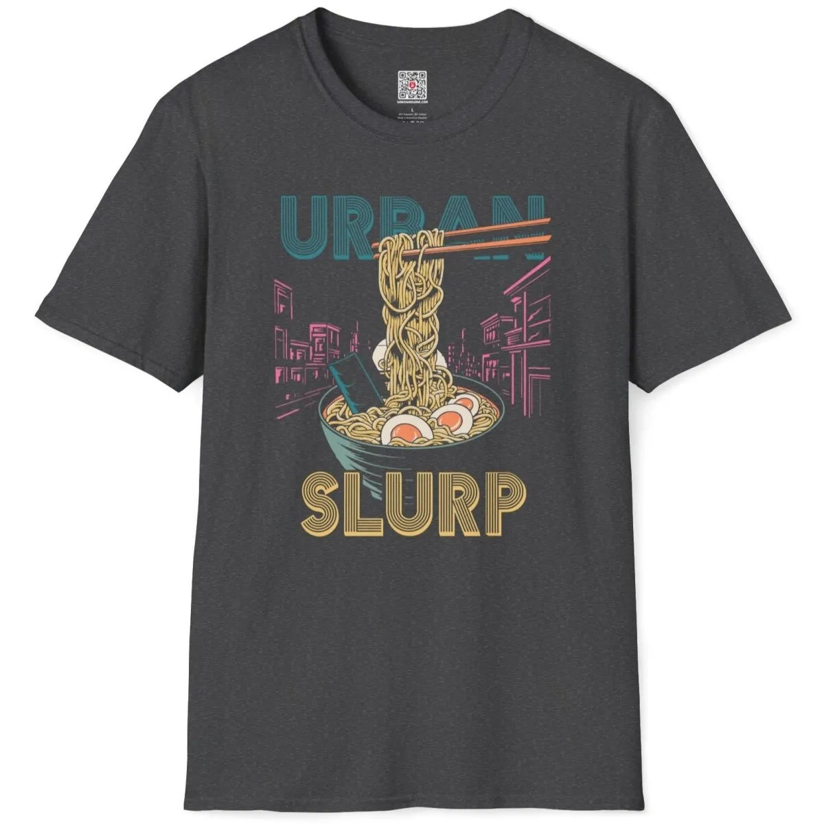 Flatlay of dark heather shirt with ramen bowl, cityscape, and bold typography, pop art shirt.