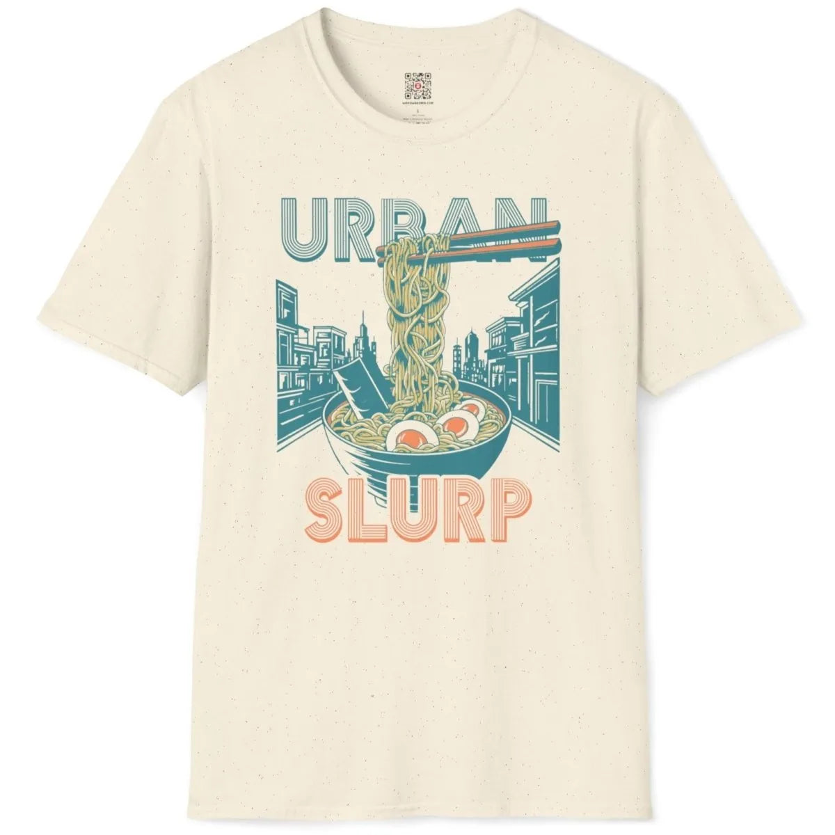 Flatlay of natural shirt with steaming ramen, teal cityscape, and orange "SLURP" text, fusion cuisine.
