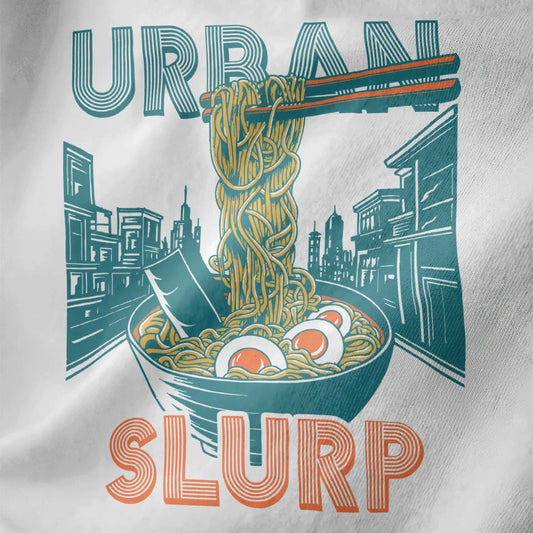 Steaming ramen bowl with chopsticks and cityscape on white shirt, ramen t-shirt, urban ramen.