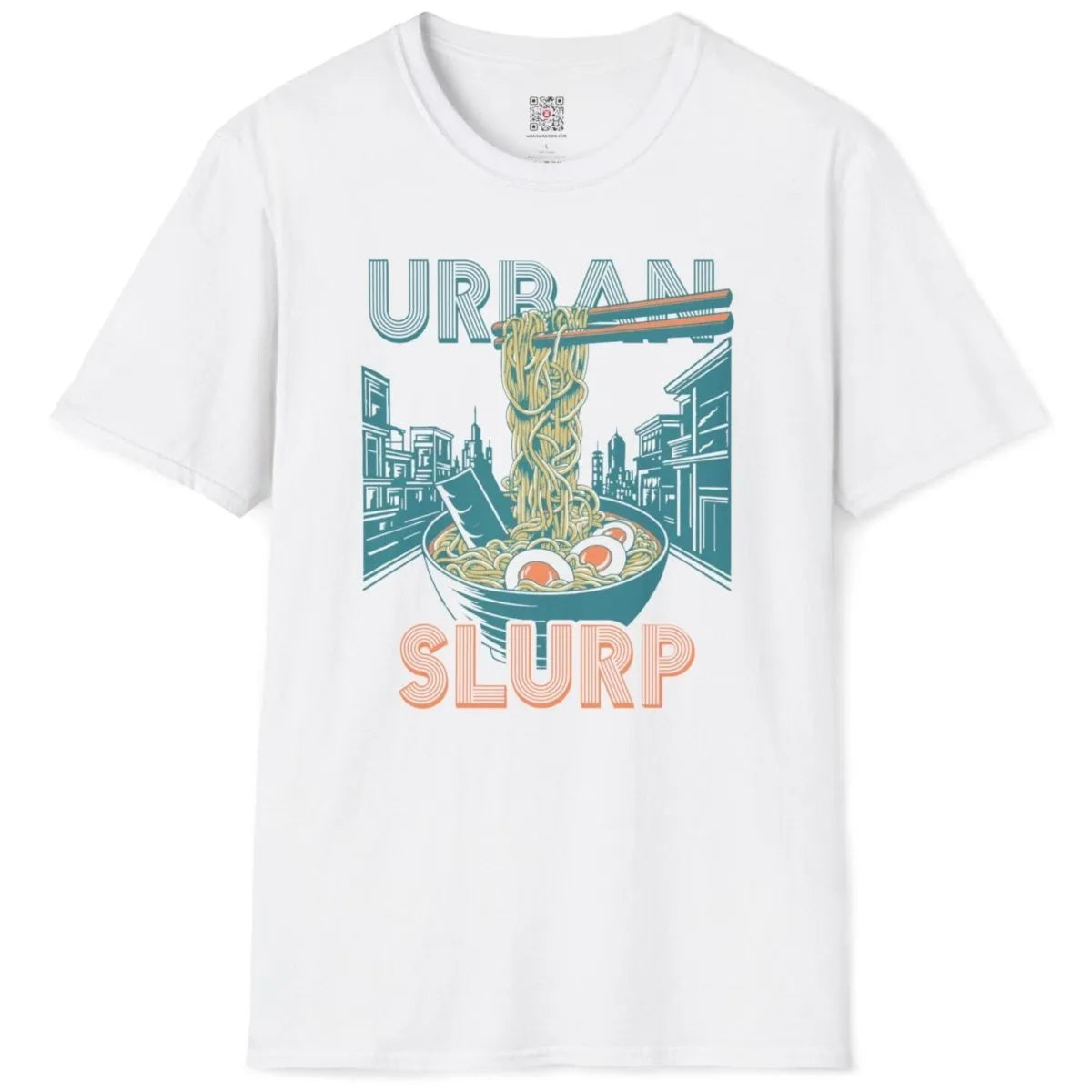 Flatlay of white t-shirt with ramen bowl, chopsticks, and "URBAN SLURP" in teal and orange, modern fusion.