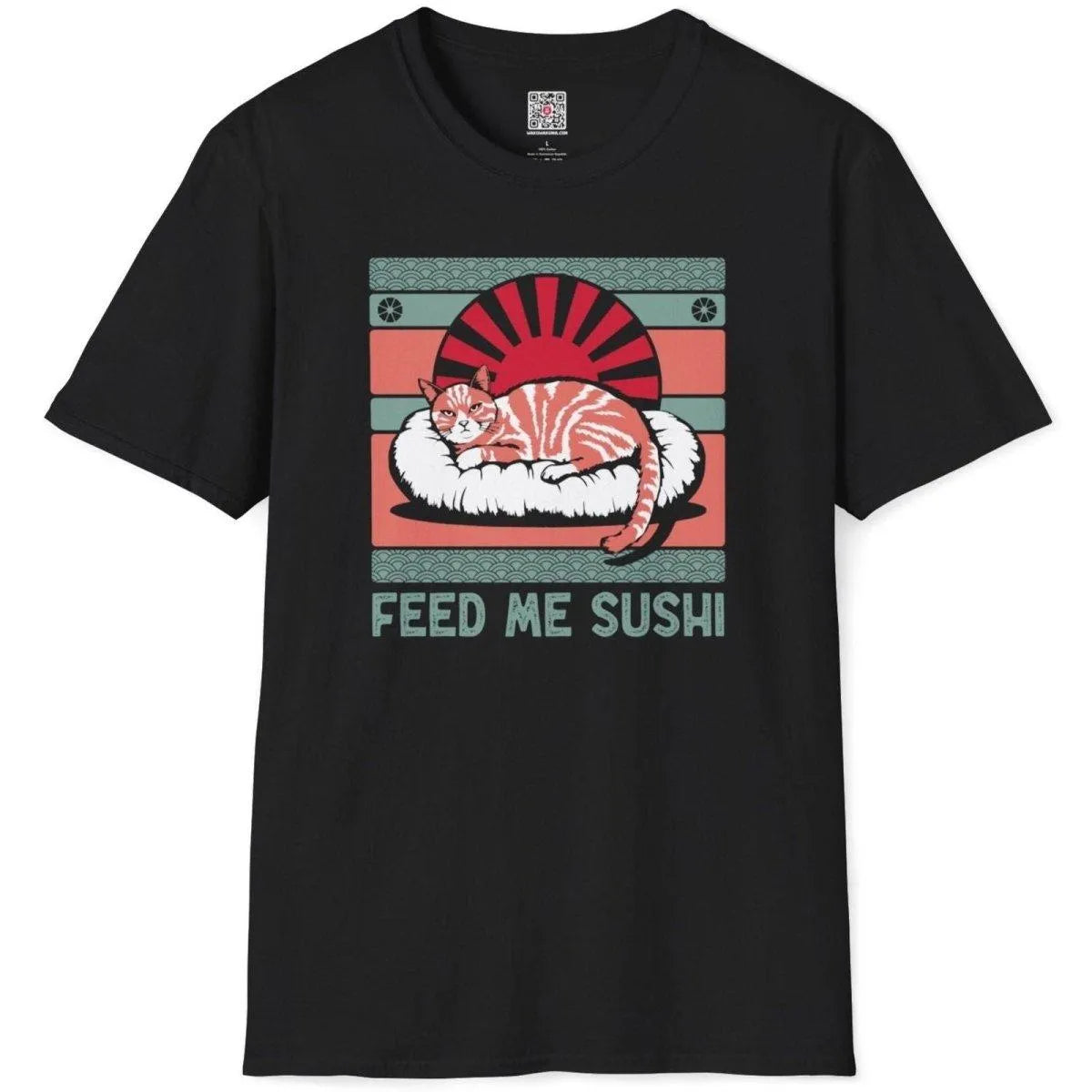 Black flatlay tee with sushi cat design, rising sun, ornate waves, and distressed “FEED ME SUSHI” slogan, vintage aesthetic.