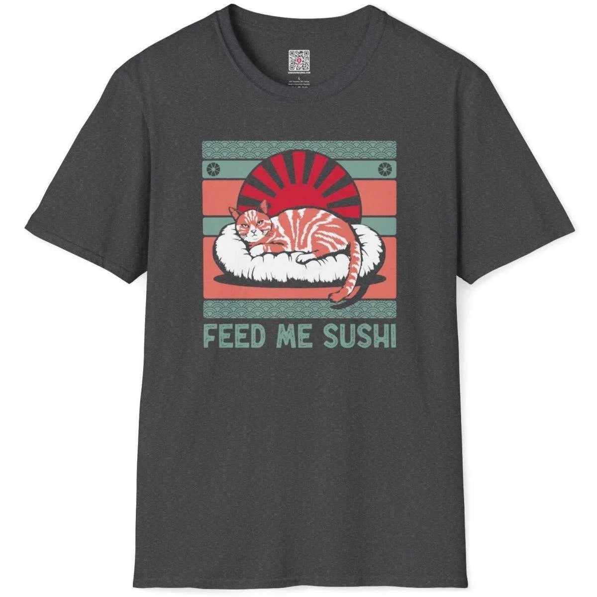 Dark heather tee flatlay with playful sushi cat, rising sun, green waves, and bold slogan, streetwear shirts.