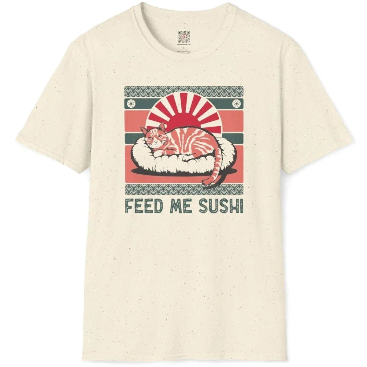 Natural tee flatlay with orange tabby cat on sushi, red sun, ornate waves, and “FEED ME SUSHI” text, kawaii sushi.