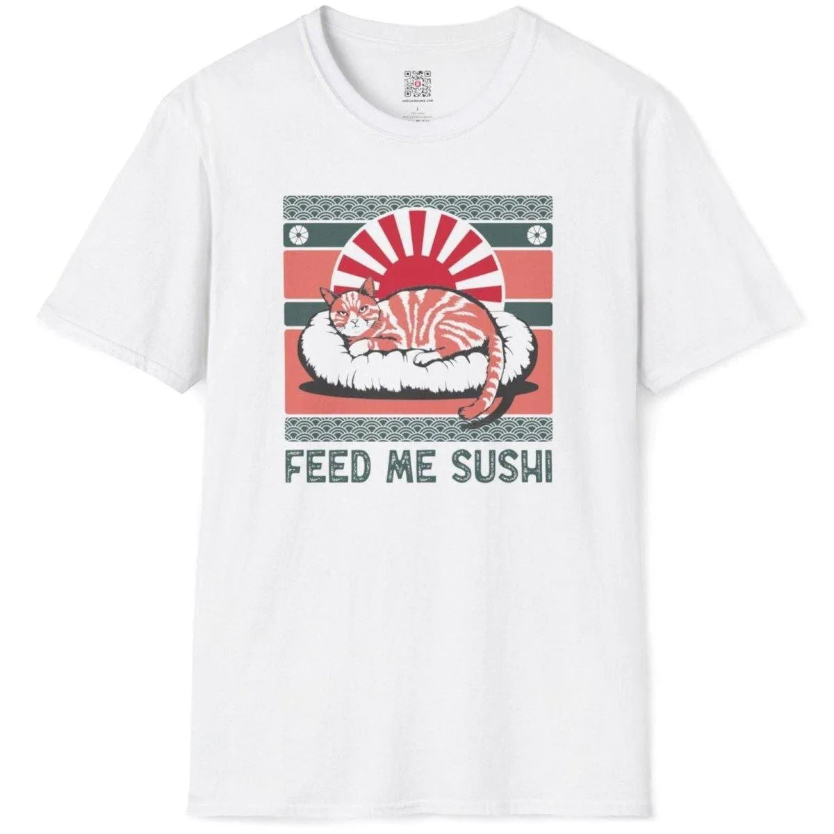 White flatlay tee featuring orange tabby on sushi, red sun, green waves, and “FEED ME SUSHI” text, sushi t-shirt.