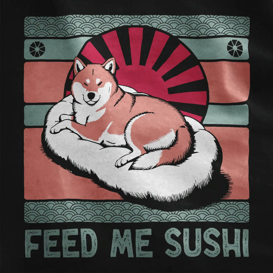 Shiba Inu lounging on sushi roll, red sunburst, wave border, black shirt, japanese t-shirts, sushi shirt.
