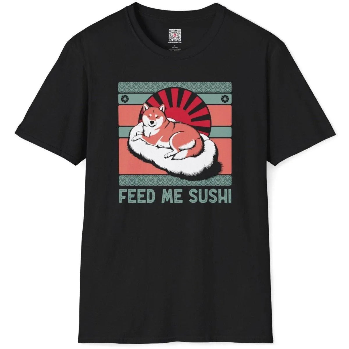 Black flatlay t-shirt with Shiba Inu on sushi, red sunburst, wave border, sushi t-shirt, traditional japanese art.
