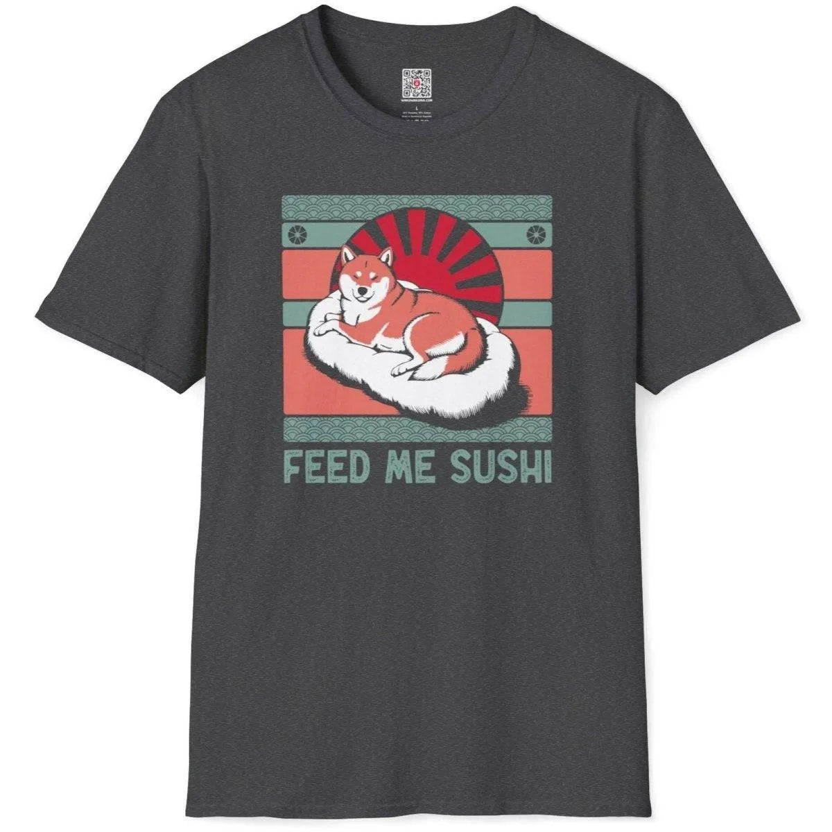 Dark heather flatlay t-shirt, Shiba Inu on sushi, red sunburst, wave border, japanese t-shirts, distressed font.