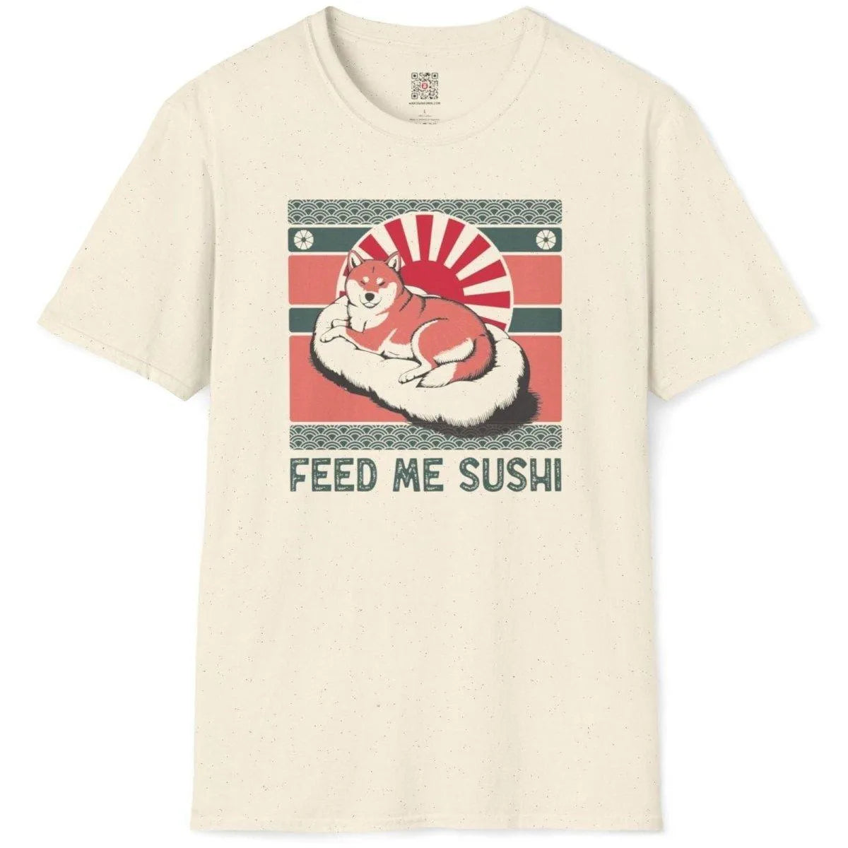 Natural flatlay t-shirt, Shiba Inu lounging on sushi, red sunburst, wave border, sushi dog, wave patterns.