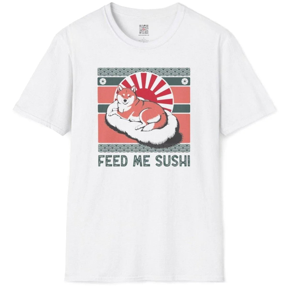 White flatlay t-shirt with Shiba Inu on sushi roll, red sunburst, wave border, sushi shirt, pastel aesthetics.