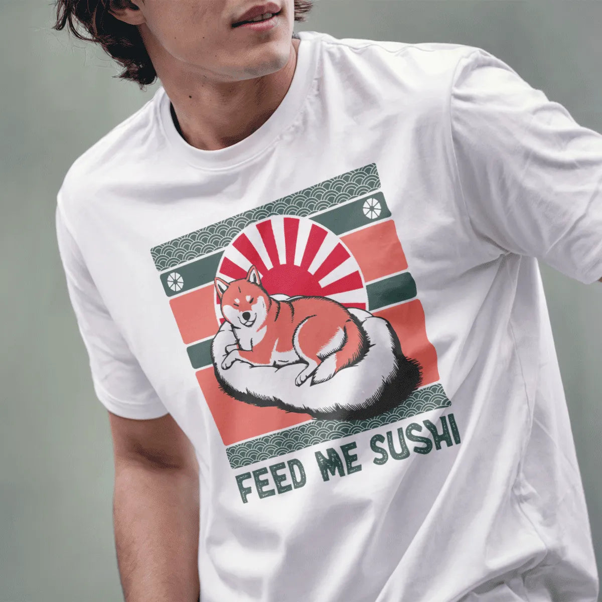 Male model in white t-shirt with Shiba Inu on sushi, red sunburst, FEED ME SUSHI text, sushi t-shirt, dog shirt.