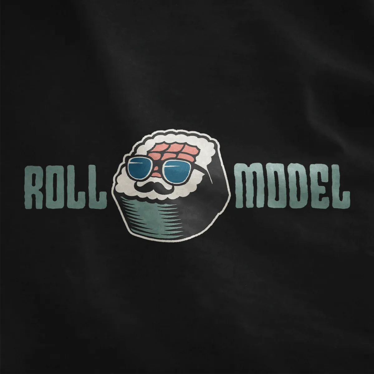 Sushi roll with blue sunglasses and mustache on black shirt, sushi shirt, kawaii sushi.