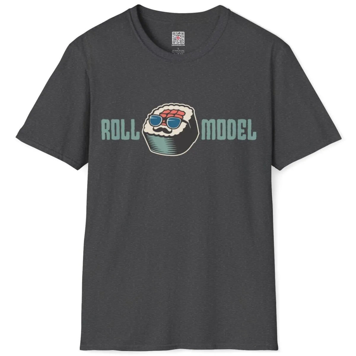 Flatlay of dark heather shirt with sushi roll, blue sunglasses, and retro font, vibrant style.