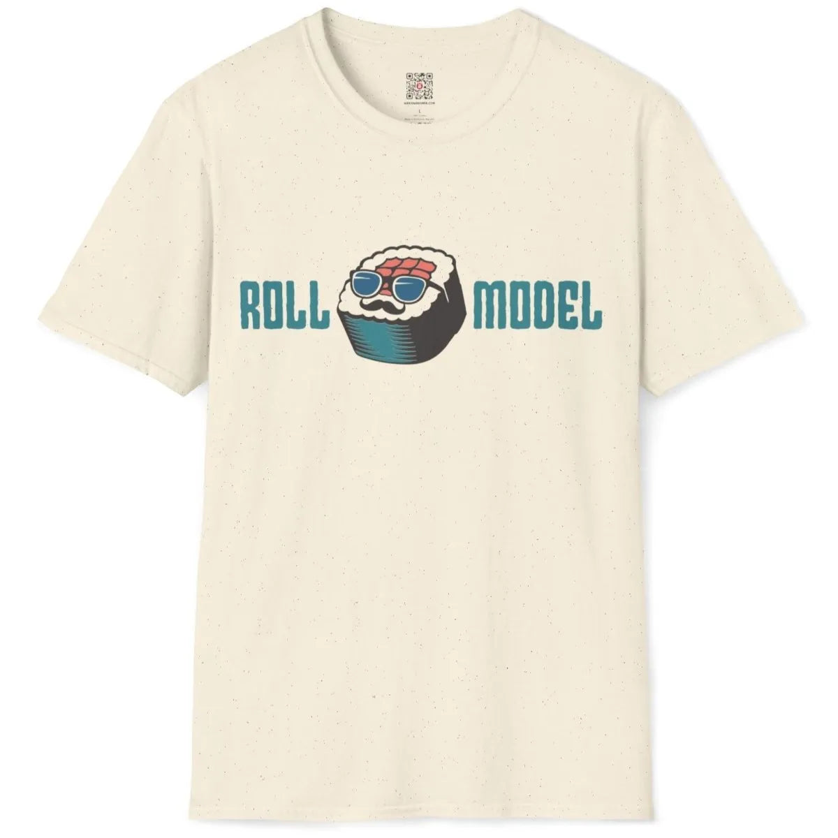 Flatlay of natural shirt with detailed sushi roll, mustache, and "ROLL MODEL" text, cultural fusion.