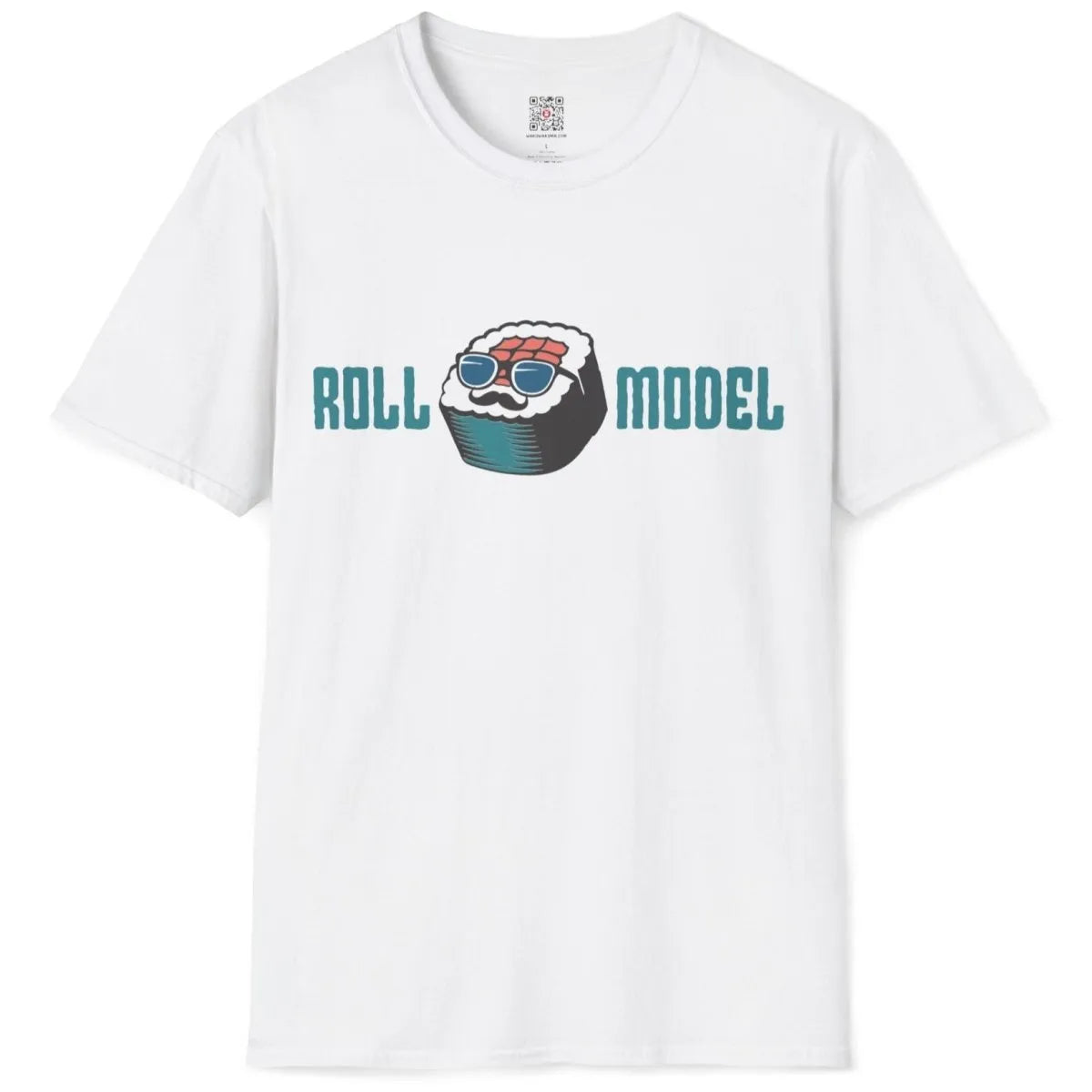 Flatlay of white t-shirt with playful sushi roll, mustache, and teal "ROLL MODEL" text, funny shirts with sayings.