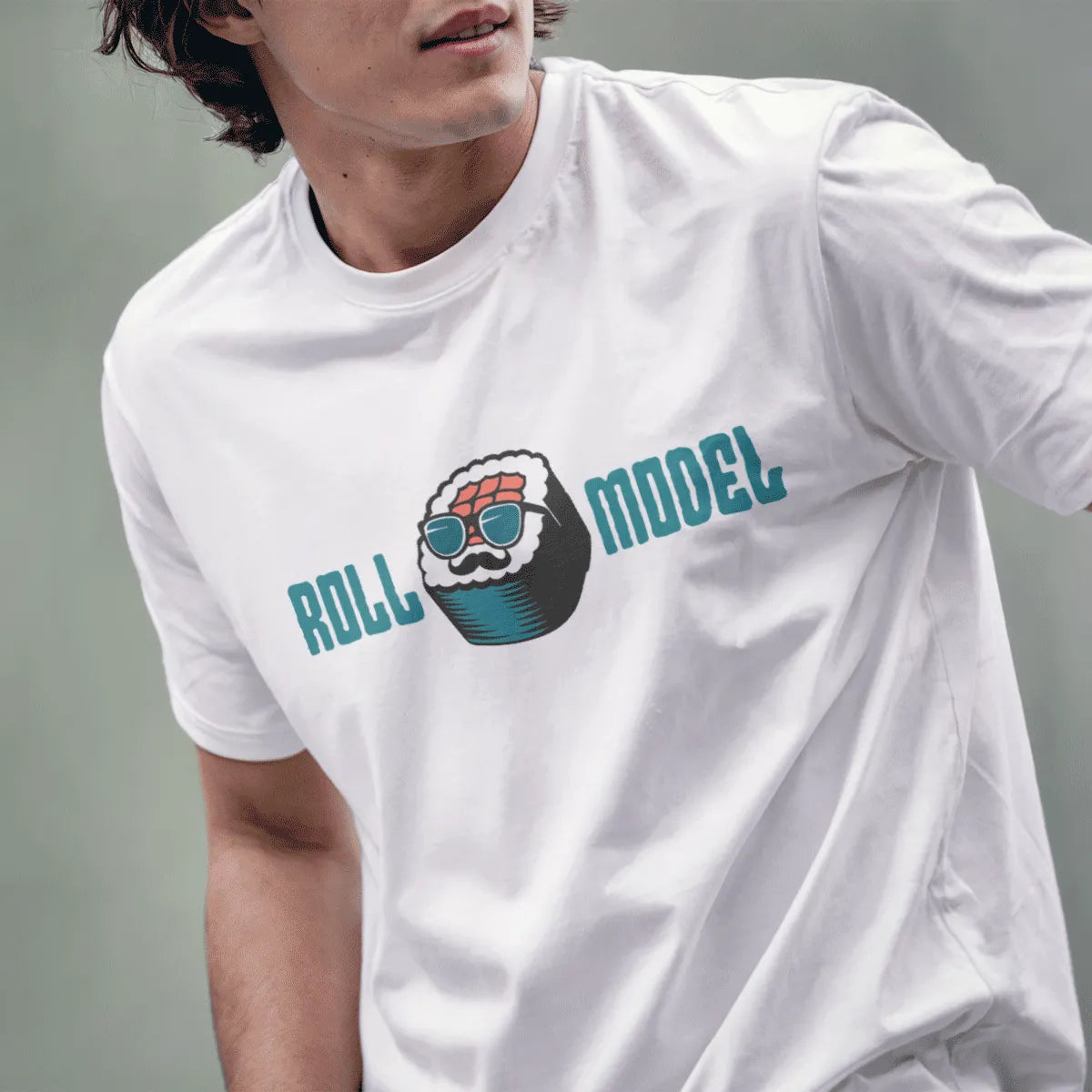 Male model in white t-shirt with cool sushi roll, blue sunglasses, and "ROLL MODEL" text, sushi art.
