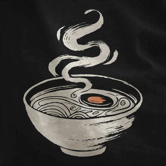 Minimalist ramen bowl graphic with orange dot, black fabric, brushstroke texture, and bold contrast.